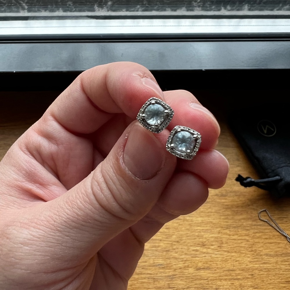 14k white gold Blue topaz and pave Diamond studs